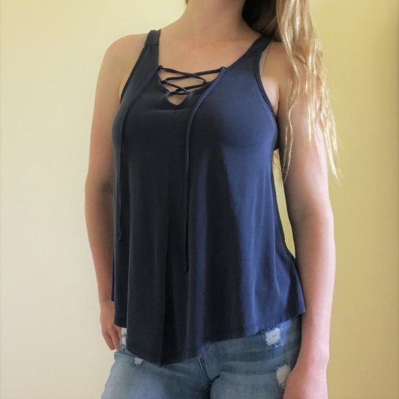 Excellent Cond. Navy Blue Tank Top Blouse Strappy - Picture 1 of 4